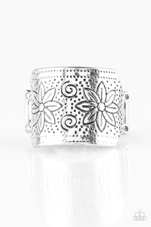 floral detail, a thick silver band