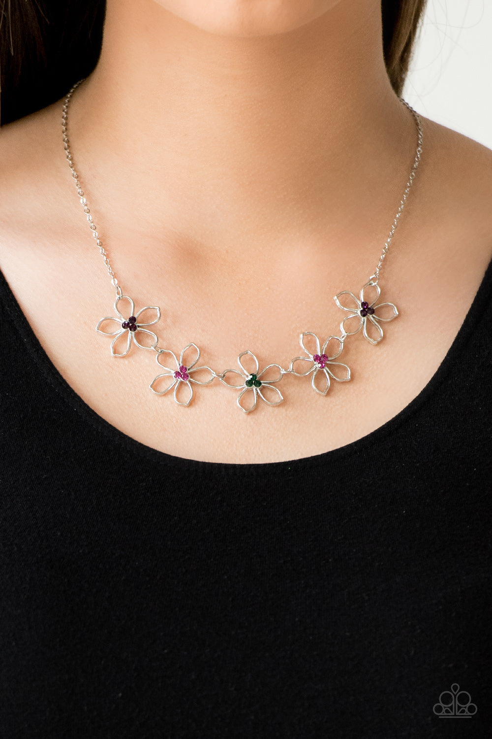 multicolored rhinestone centers, airy silver flowers