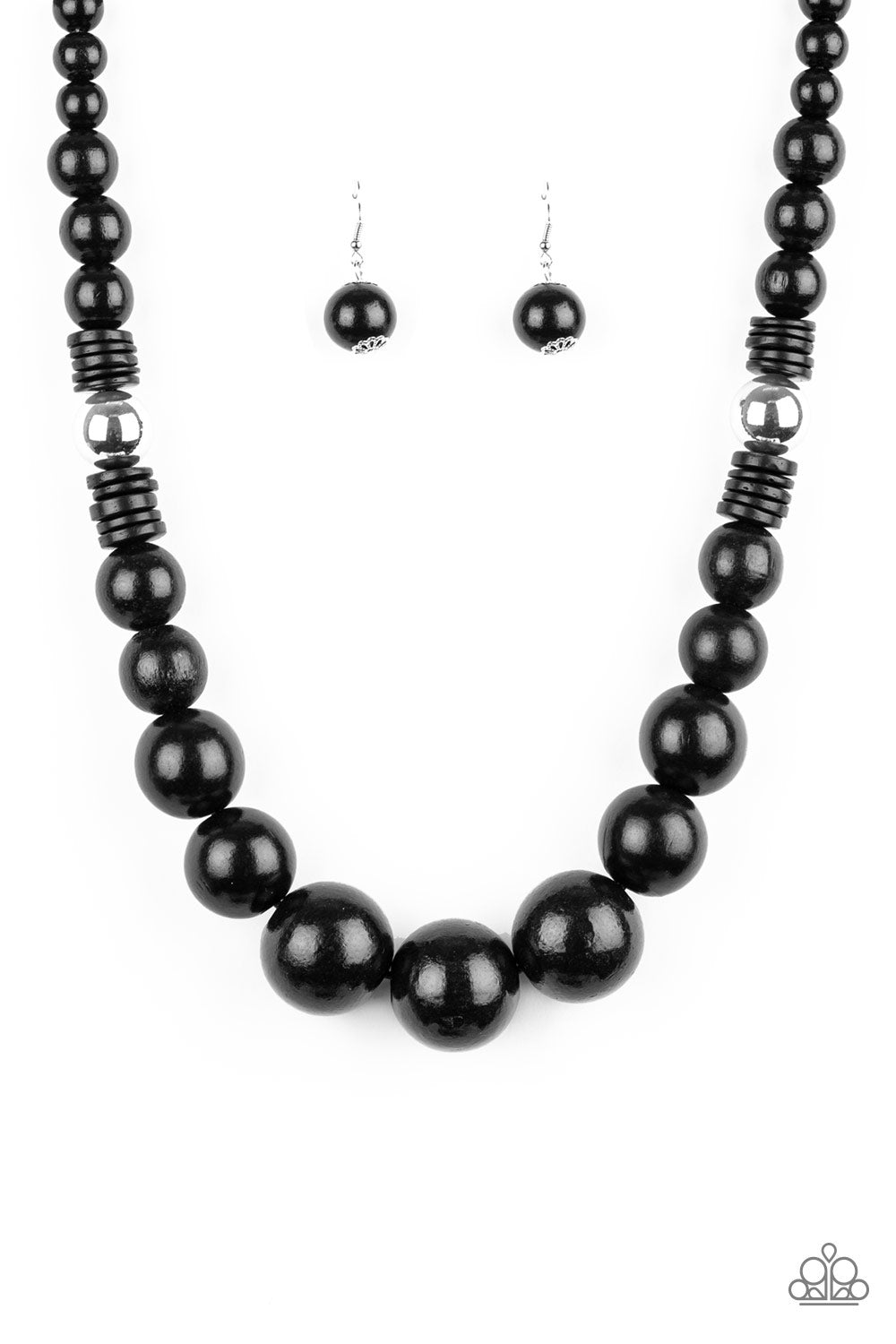 dramatic silver beads, an array of shiny black wooden beads drape across the chest