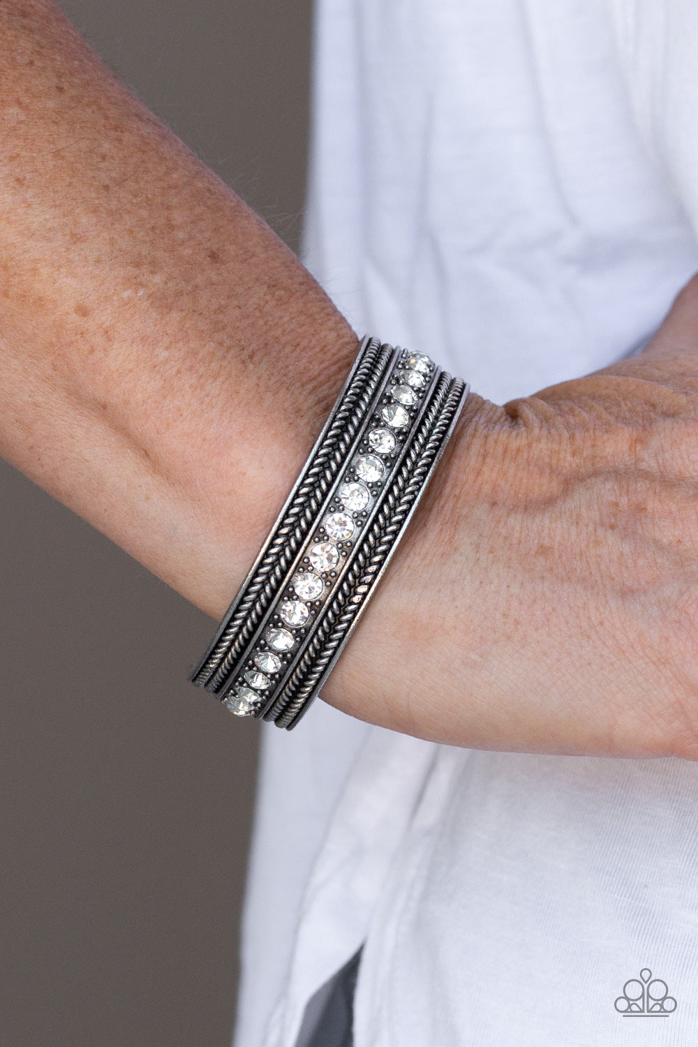 Silver, Rhinestones, Cuff