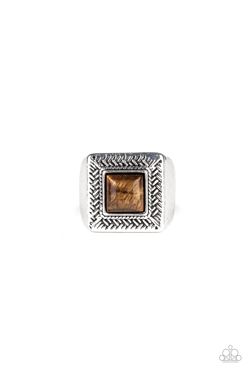 Chiseled into a tranquil square, an earthy tiger's eye stone is pressed into the center of a square frame 