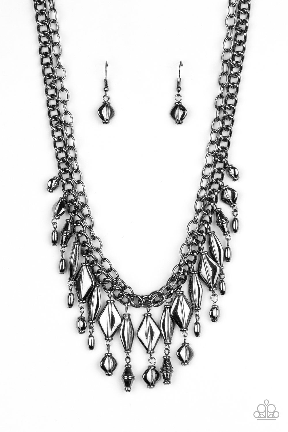 mismatched collection of gunmetal beaded tassels dangle from the bottom of two interconnecting gunmetal chains