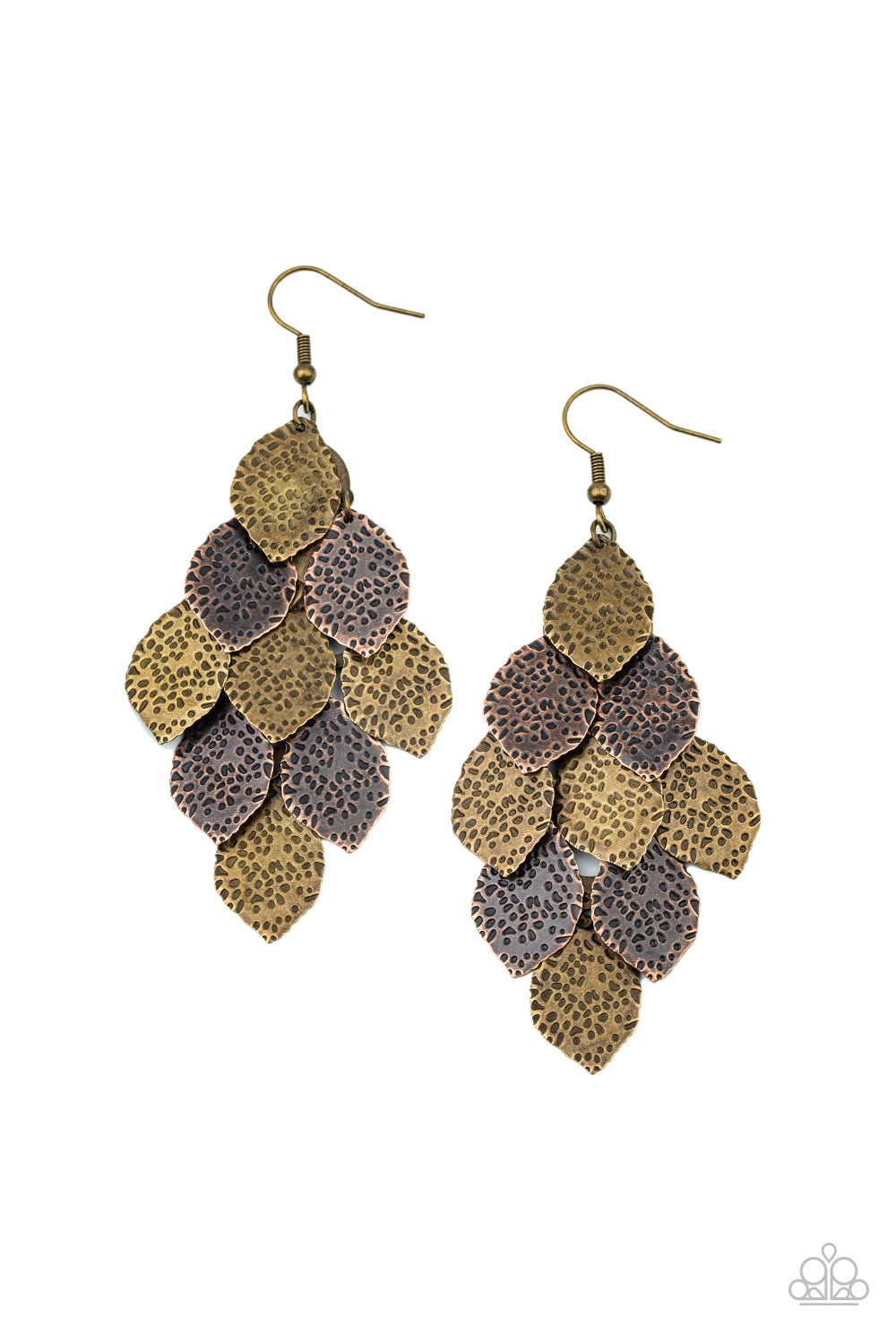 Hammered in antiqued details, leafy brass and copper frames cascade from the ear