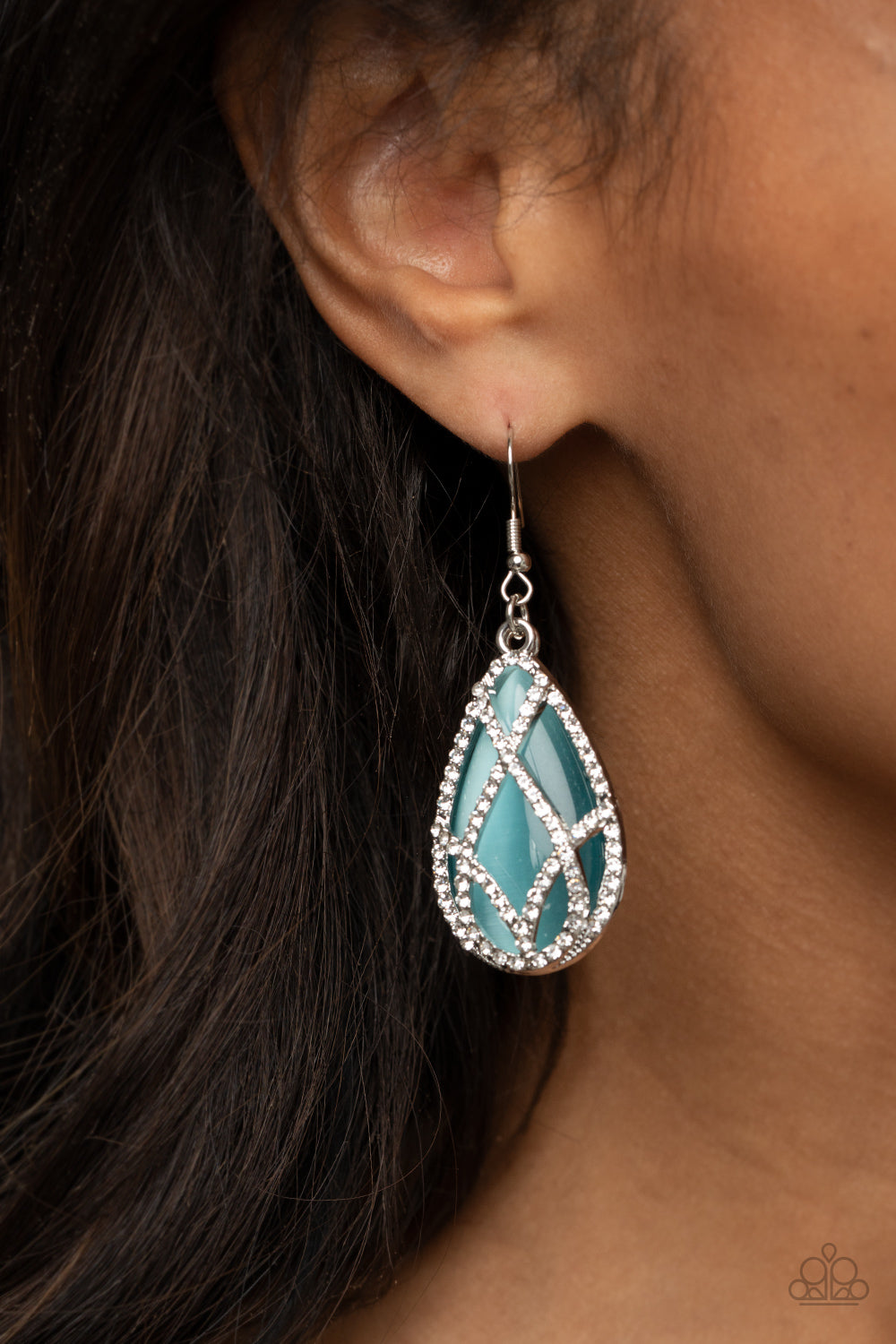 Blue Cat's Eye, Teardrop, White Rhinestones