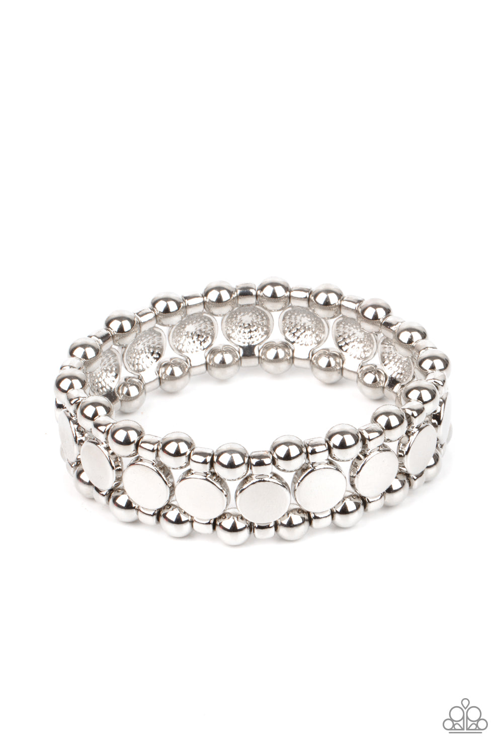 Shiny silver disc fittings and pairs of classic silver beads are threaded along stretchy bands
