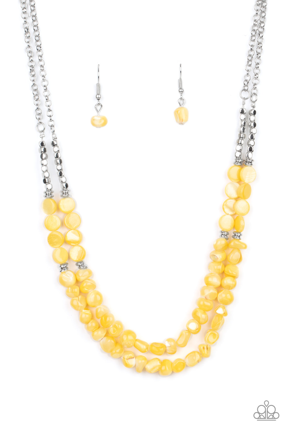 dainty silver cube and round beaded accents, yellow shell-like beads