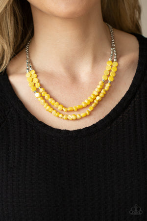 dainty silver cube and round beaded accents, yellow shell-like beads