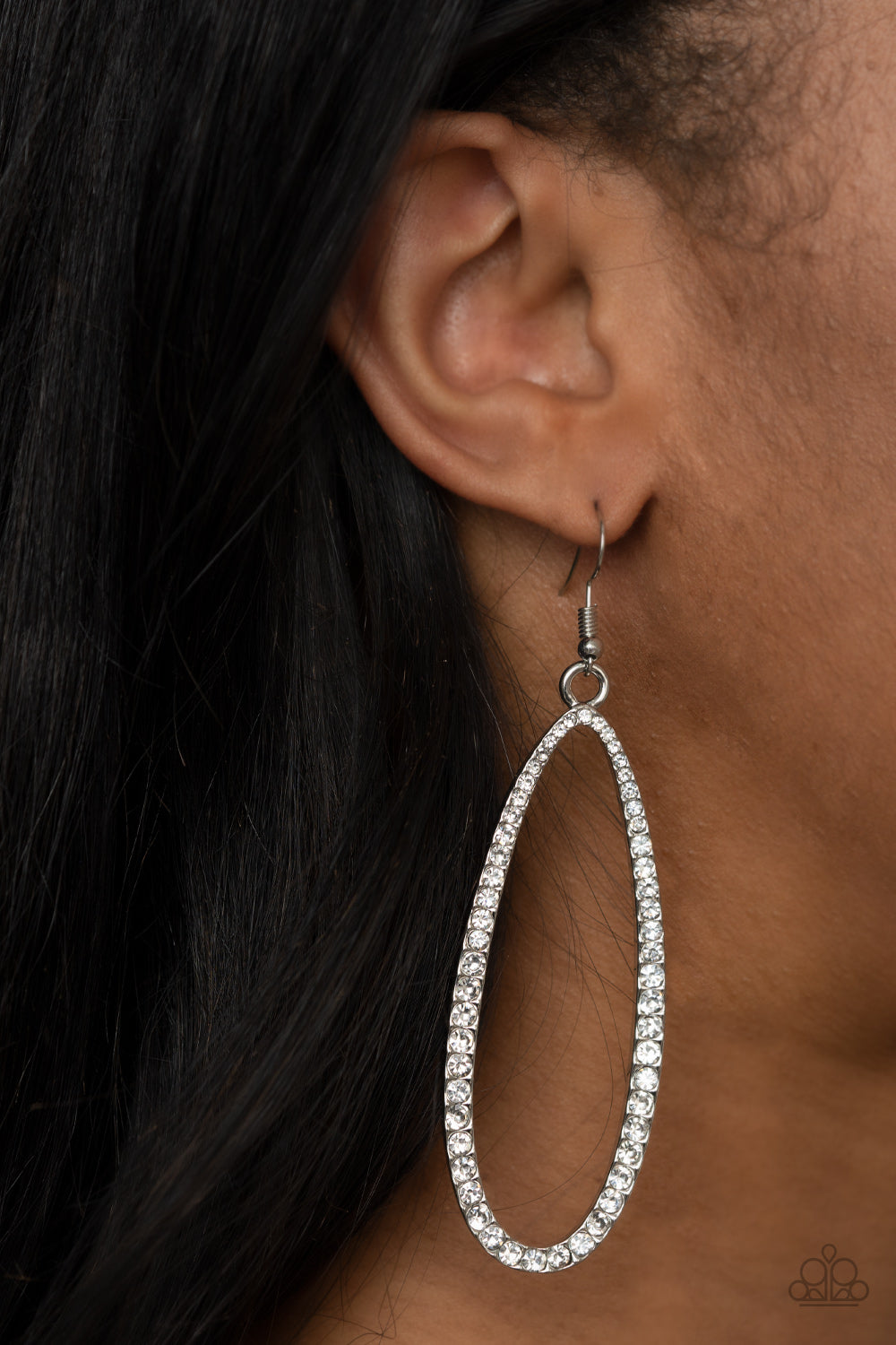 Oval, Silver, White Rhinestones