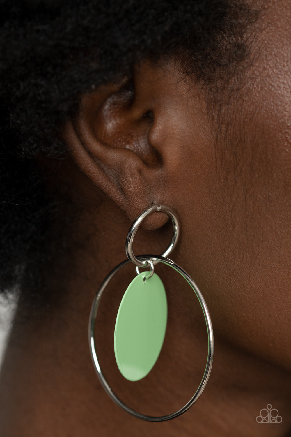 minty Green Ash disc swings from two interlocking silver hoops
