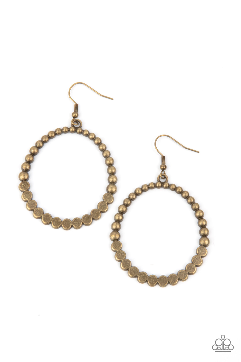 Antiqued brass studs join with flattened brass studs, creating a rustic hoop