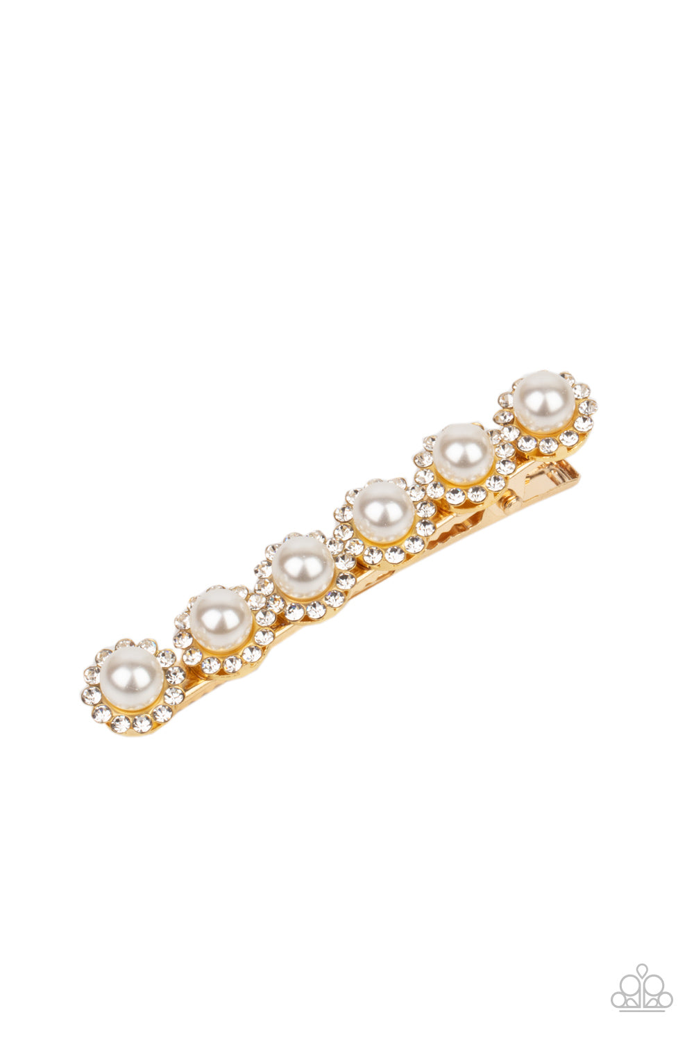 Bordered in rings of dainty white rhinestones, pearly white beads embellish the front of a gold hair clip