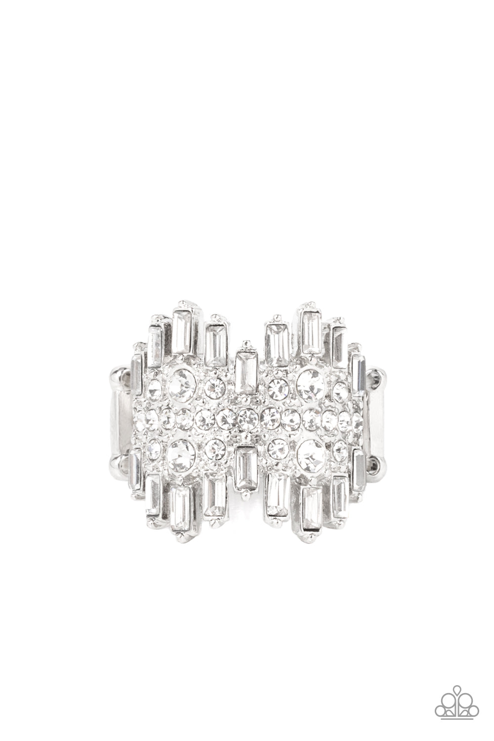 Staggered rows of emerald cut rhinestones flare out from the top and bottom of an explosion of classic white rhinestones