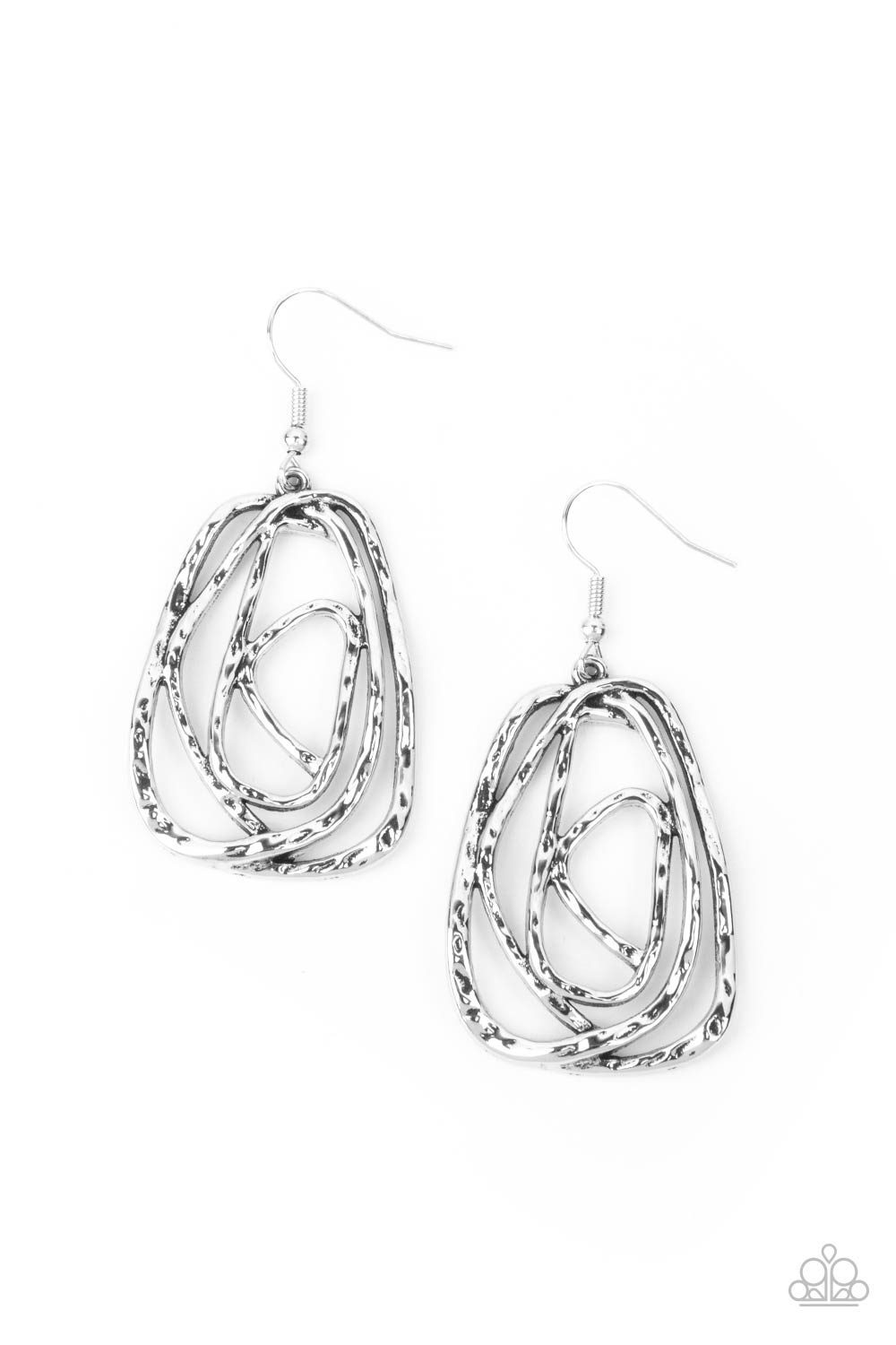 hammered finish, a rustic silver wire delicately wraps into an asymmetrical frame 