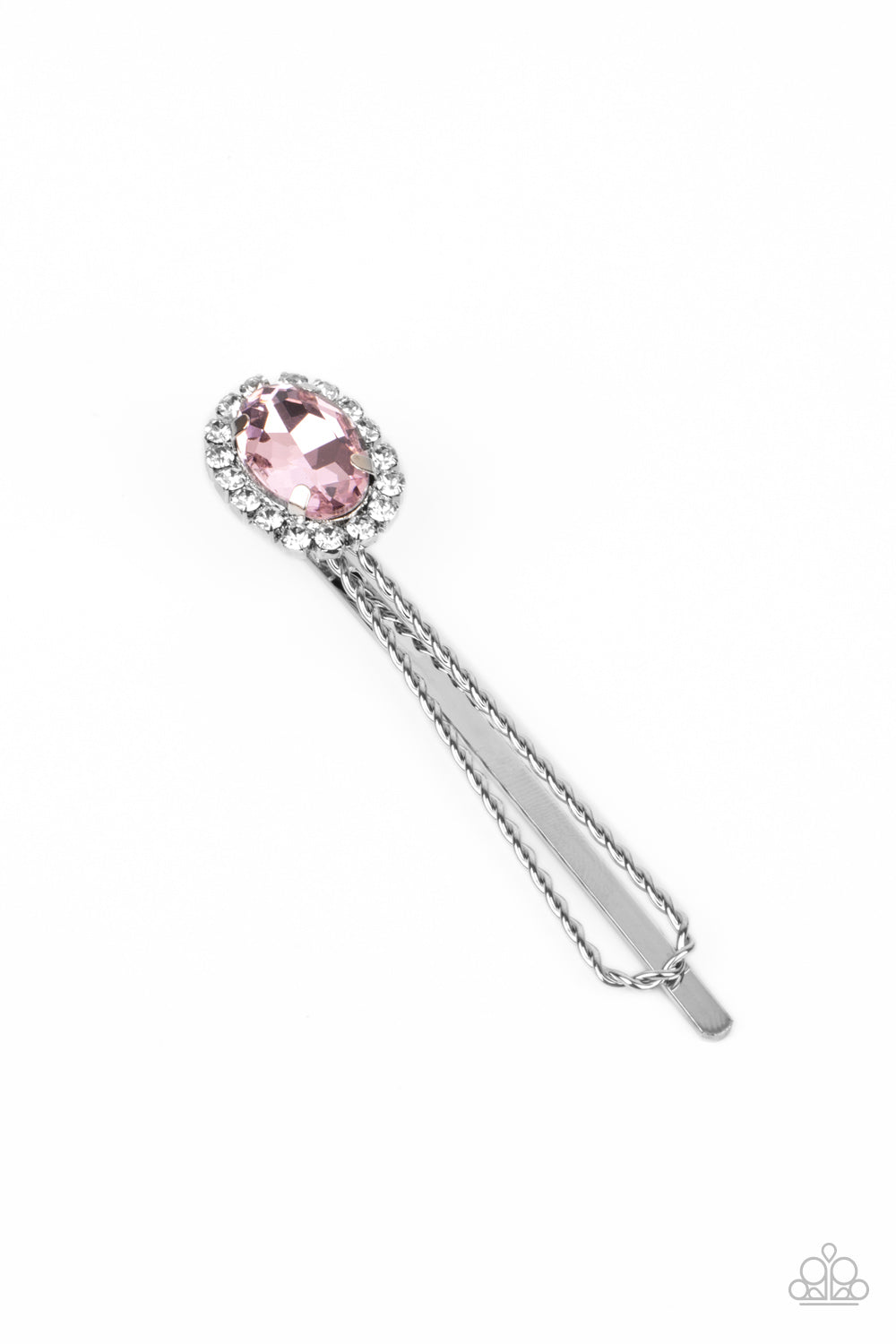 glassy white rhinestones, an oval pink gem