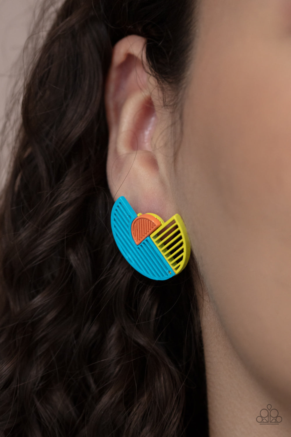 airy stenciled linear patterns, overlapping blue and yellow crescent shaped frames gather around a dainty orange crescent frame
