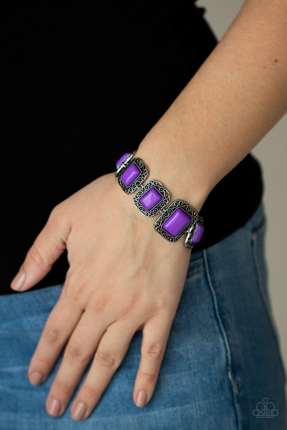 Amethyst Orchid rectangular beads are bordered by rustic floral filigree filled frames
