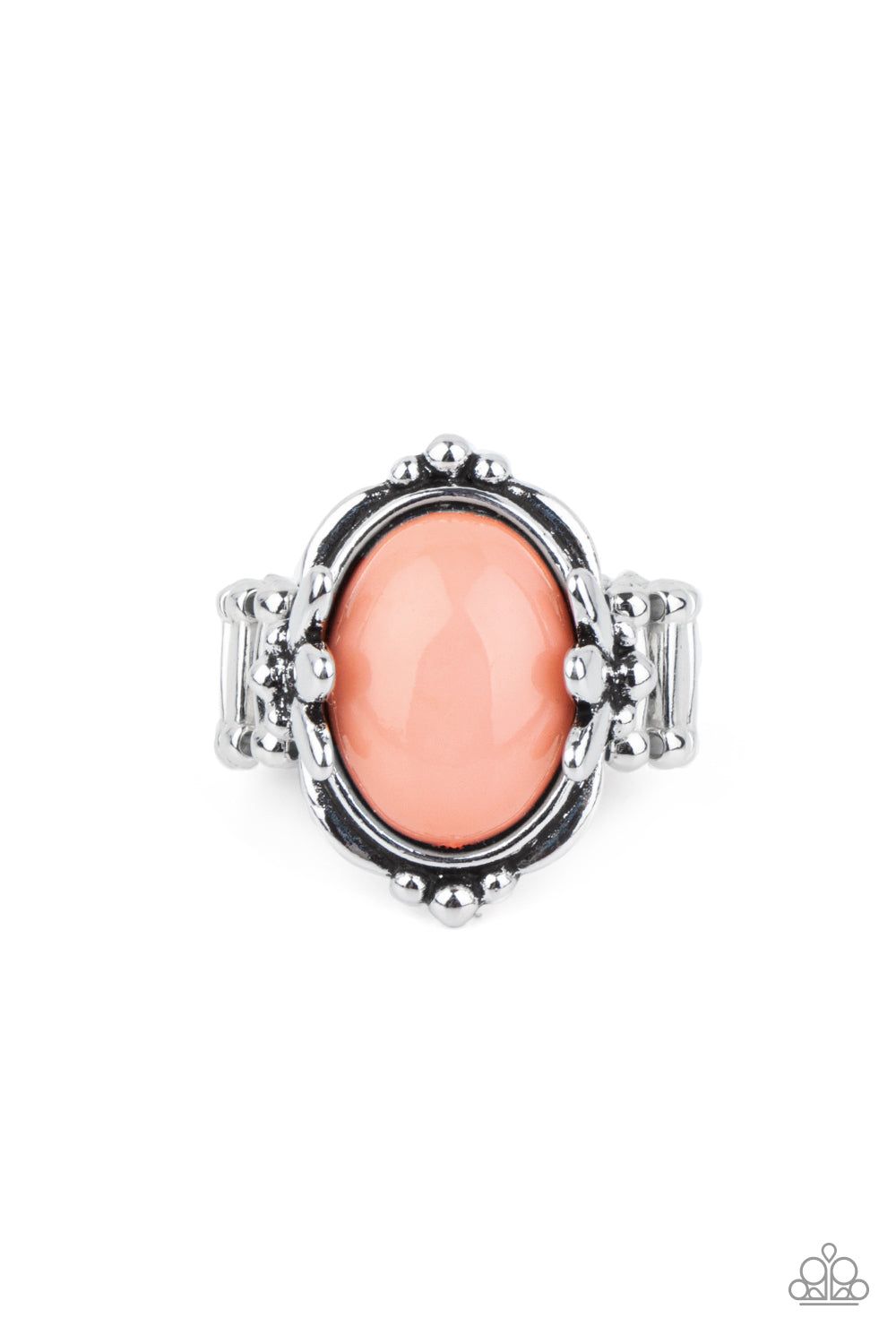 leafy silver fittings, a bubbly Burnt Coral bead is pressed into the center of a studded silver frame