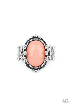 leafy silver fittings, a bubbly Burnt Coral bead is pressed into the center of a studded silver frame