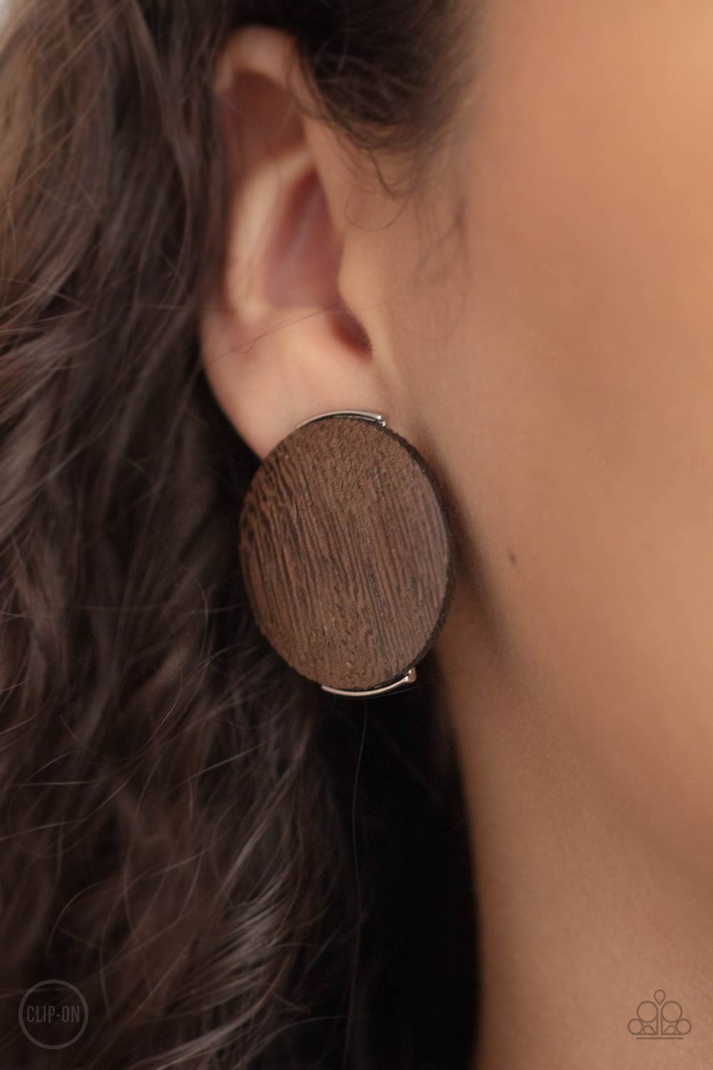 oversized brown wooden disc is fitted in place between a silver frame