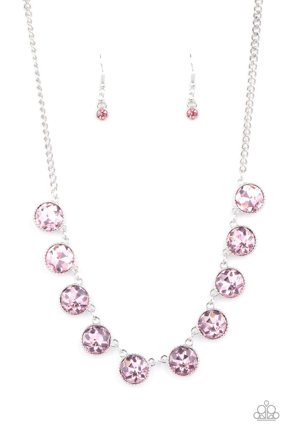 mystical iridescence, a sparkling display of round cut pink gems are encased in delicately textured silver frames