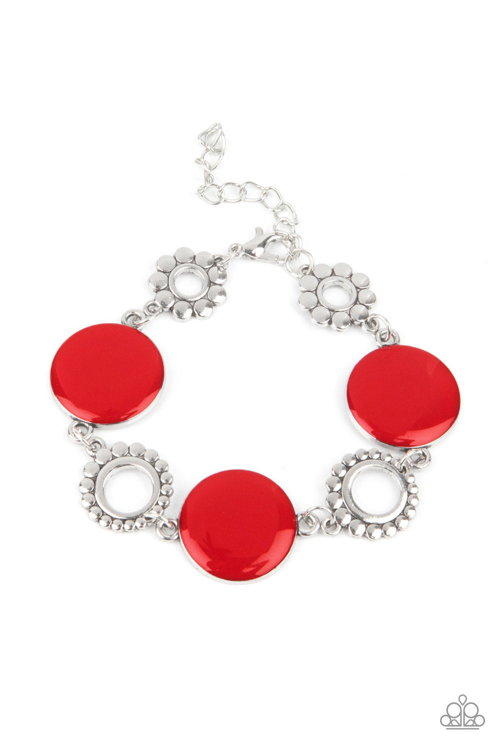 Featuring shiny red accents, studded silver circles and shimmery silver floral accents