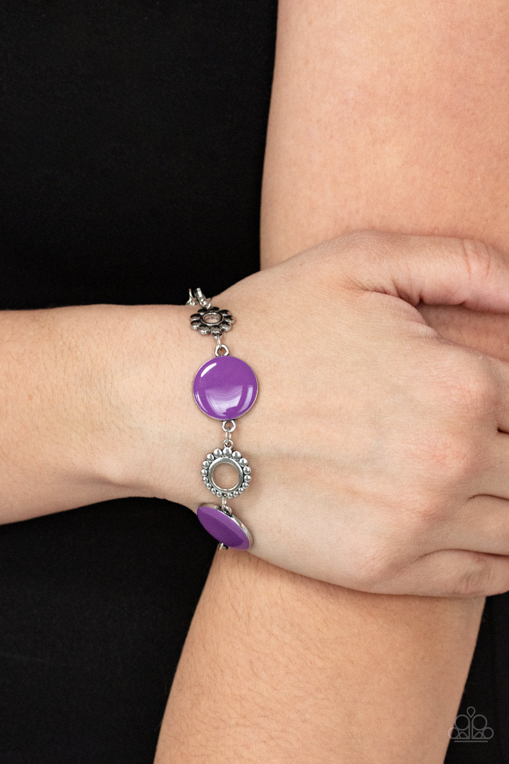 Amethyst Orchid accents, studded silver circles and shimmery silver floral accents