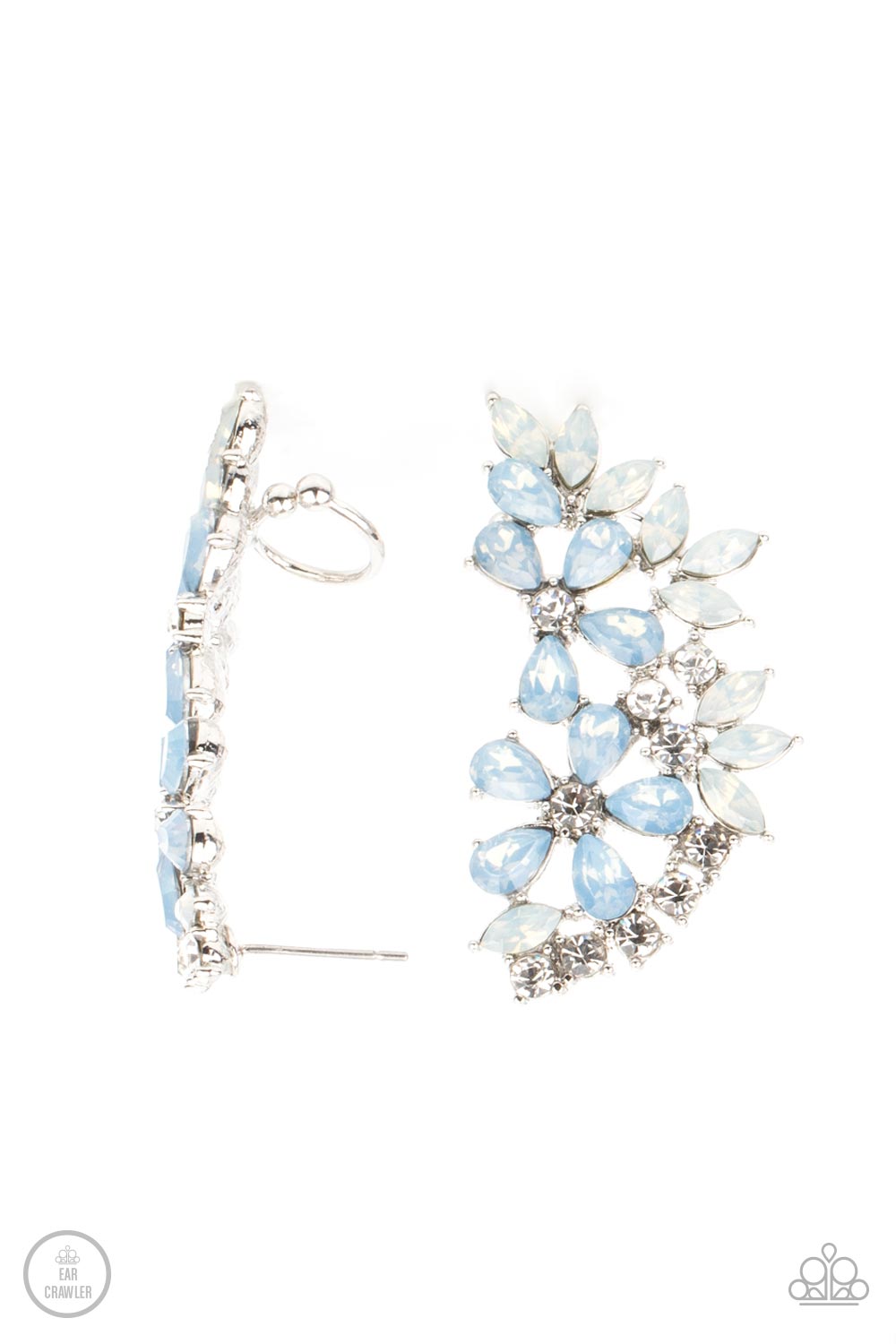  milky opalescence, white marquise and Cerulean teardrop rhinestones coalesce into a sparkly floral centerpiece that flawlessly climbs the ear