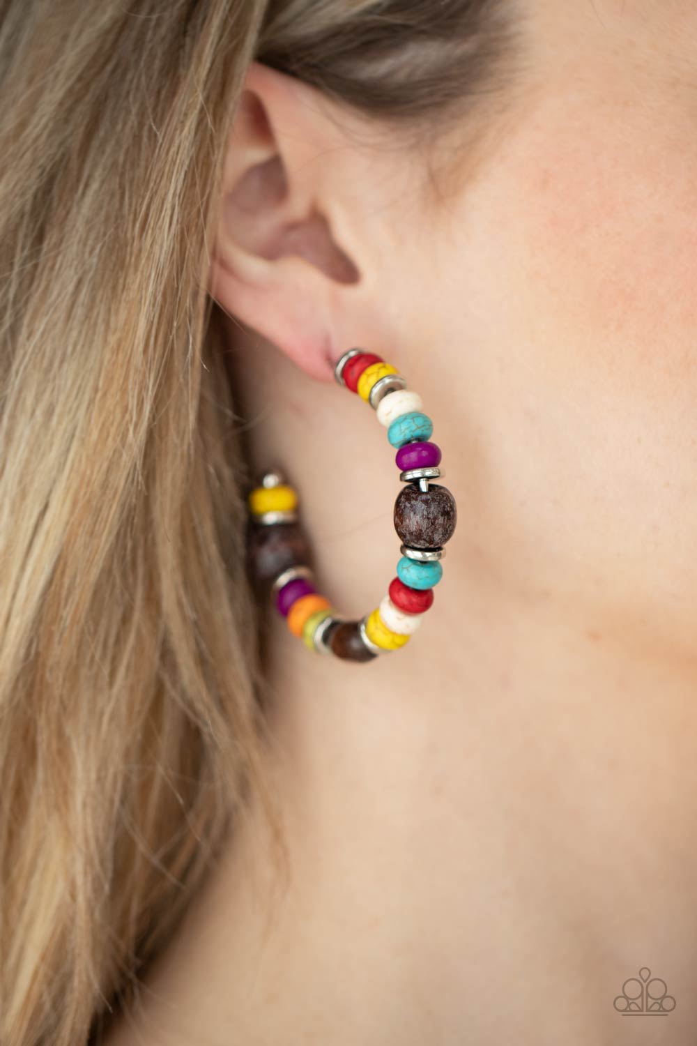 multicolored stone beads, silver discs, brown wooden beads