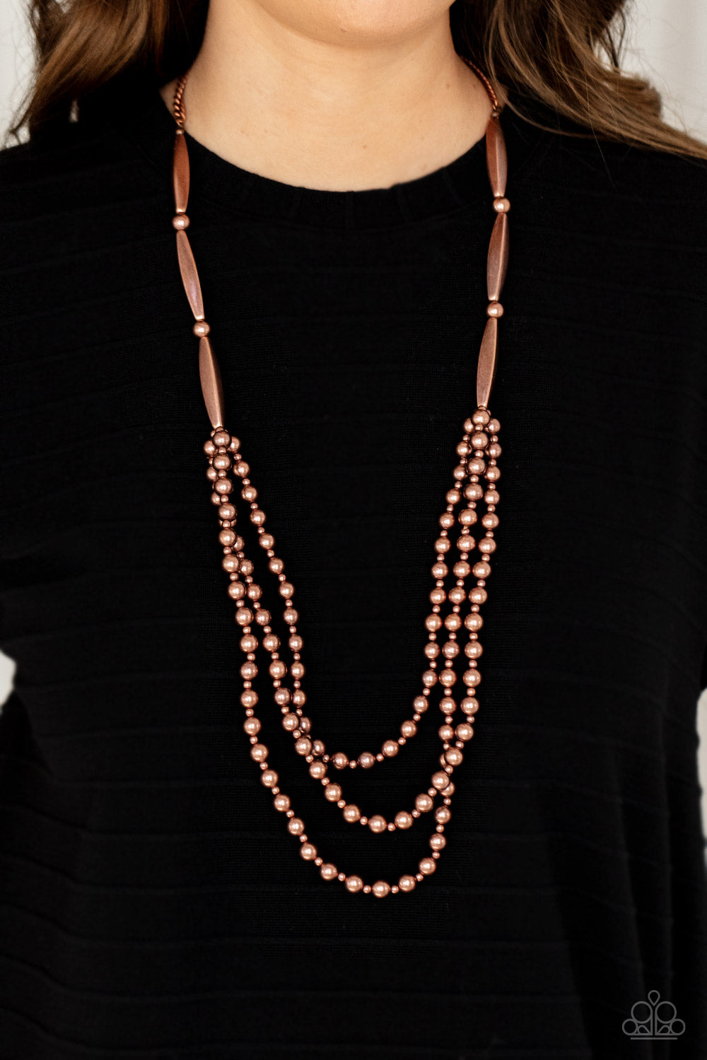 antiqued shimmer, dainty and classic copper beads alternate across the chest in three rustic layers