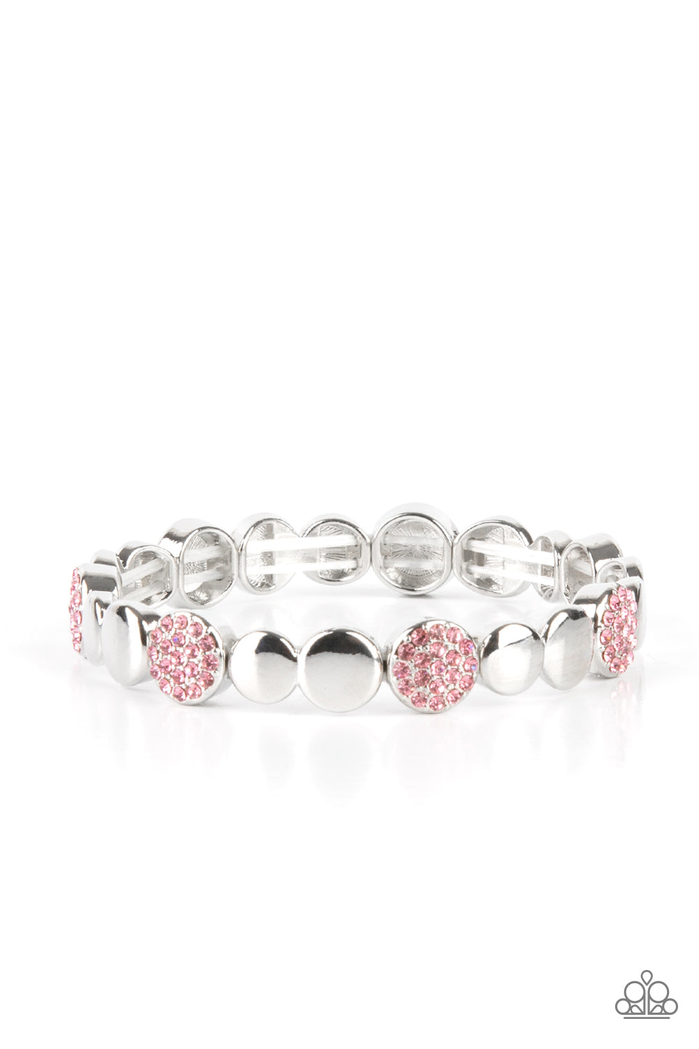 Glittery pink rhinestone encrusted frames and joined pairs of silver discs are threaded along stretchy bands around the wrist