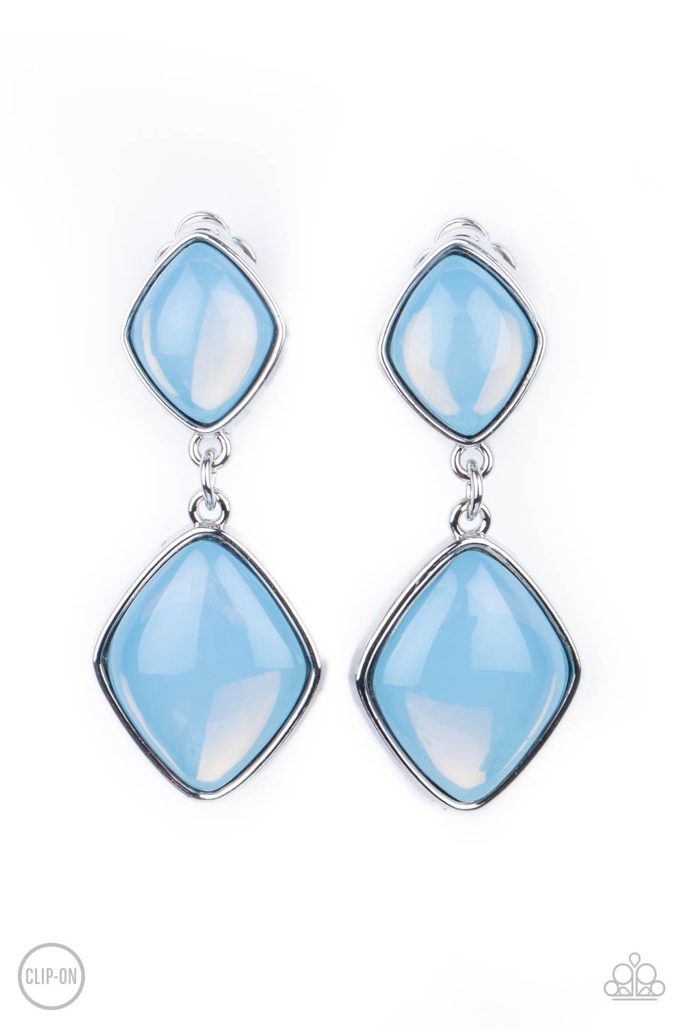 diamond shaped Cerulean opals are pressed into the centers of rustic silver frames