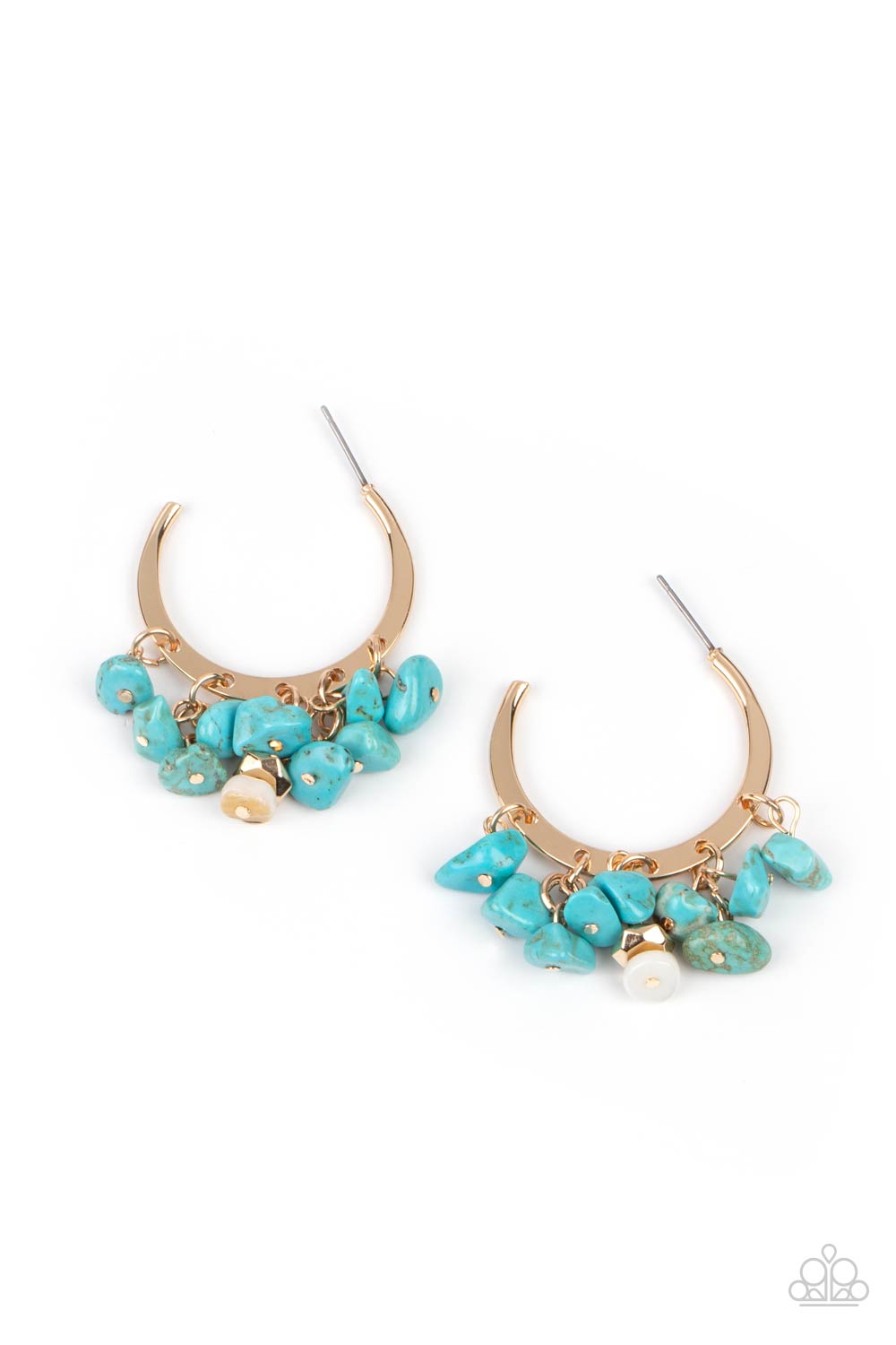 Clusters of turquoise pebbles swing from the bottom of a dainty gold hoop, creating an earthy fringe. A faceted gold and white stone bead swings from the center, adding an ethereal edge