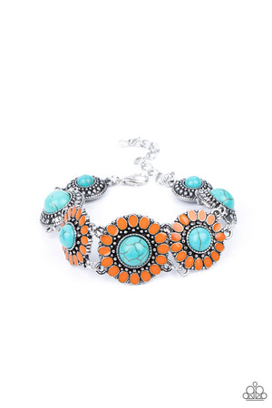 refreshing turquoise stone centers, studded silver frames double-link with Marigold petaled floral frames