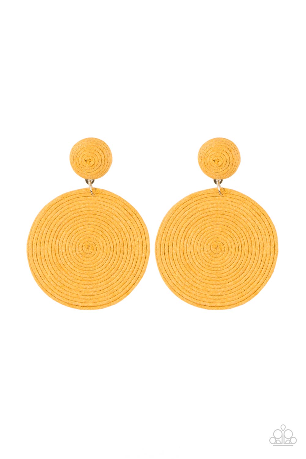 disc of yellow thread spirals around and around for a dizzying finish as it connects to a yellow threaded button post