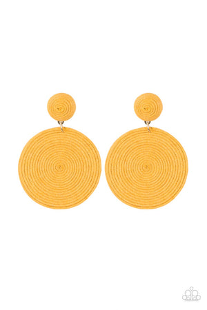 disc of yellow thread spirals around and around for a dizzying finish as it connects to a yellow threaded button post