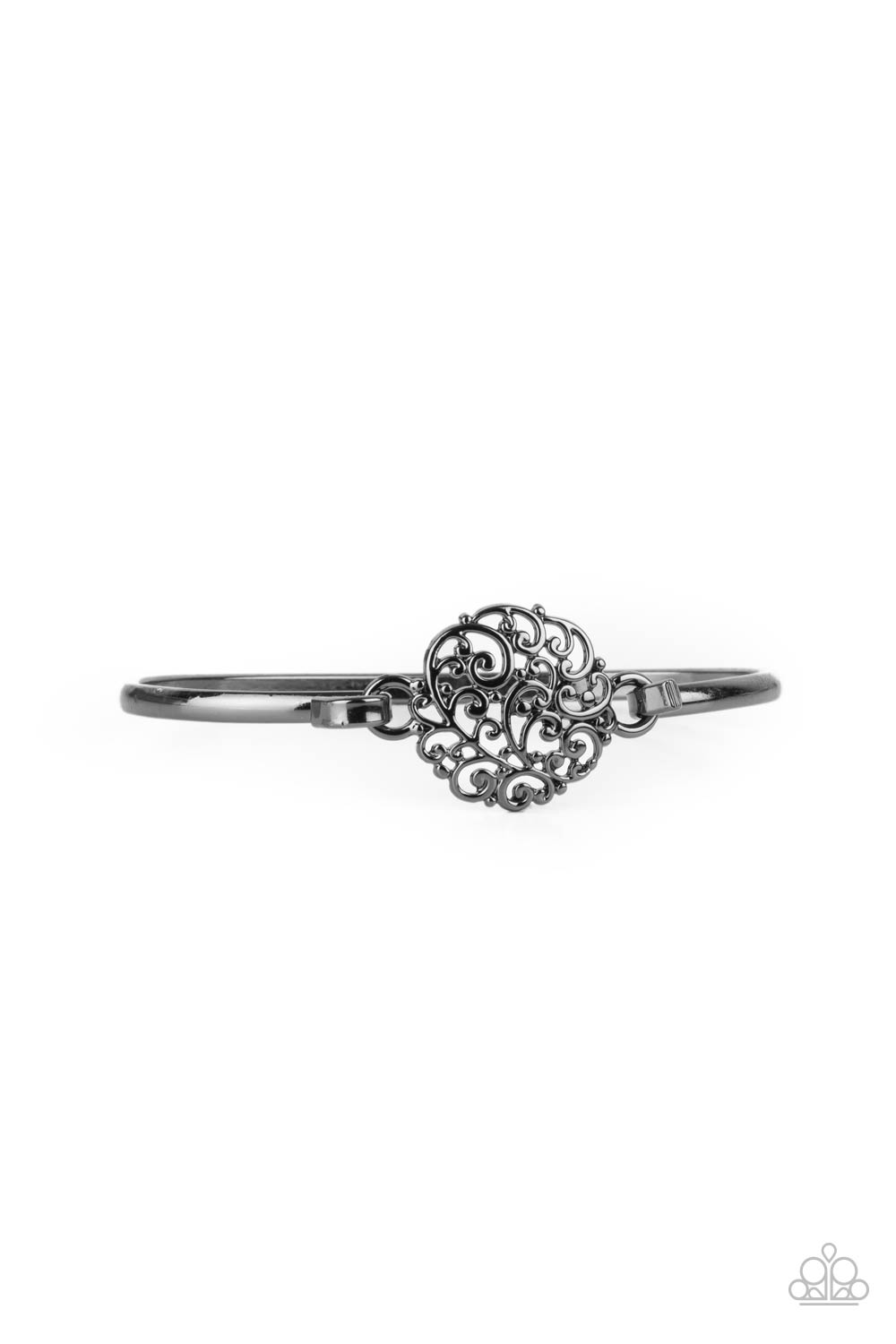 Shiny gunmetal filigree swirls into a round frame that hooks to a dainty gunmetal bangle-like cuff