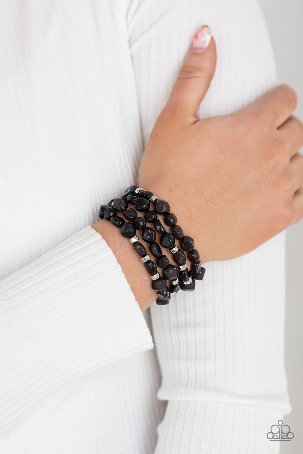 Black Silver Glossy Beads Stretchy Band