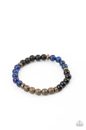  smooth round Lapiz and polished stones, punctuated by faceted antiqued brass beads