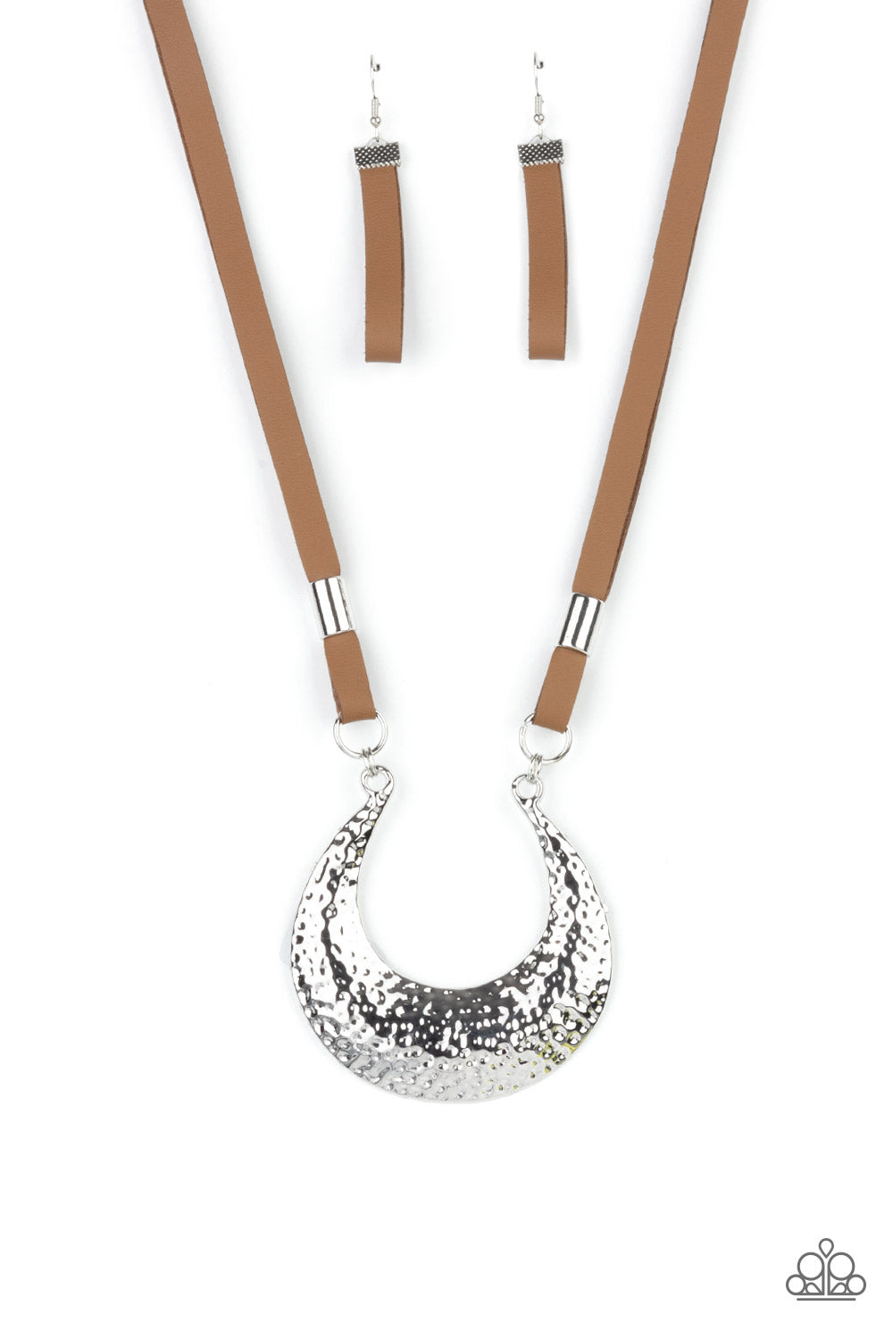 shiny silver beads, strips of brown leather link to an oversized half moon pendant that is hammered in a blinding silver finish