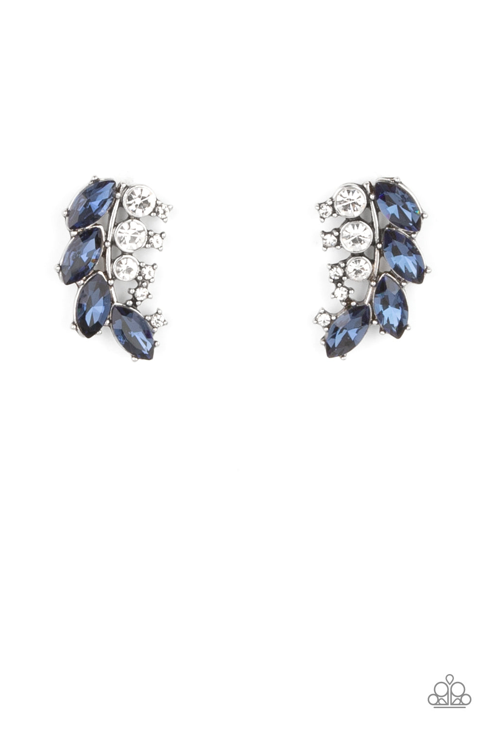 A frond of dazzling blue marquise and round white rhinestones delicately curves below the ear