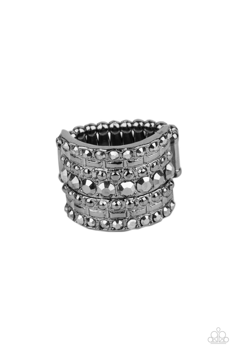 Layers of linear gunmetal textures are accented with a single row of hematite rhinestones