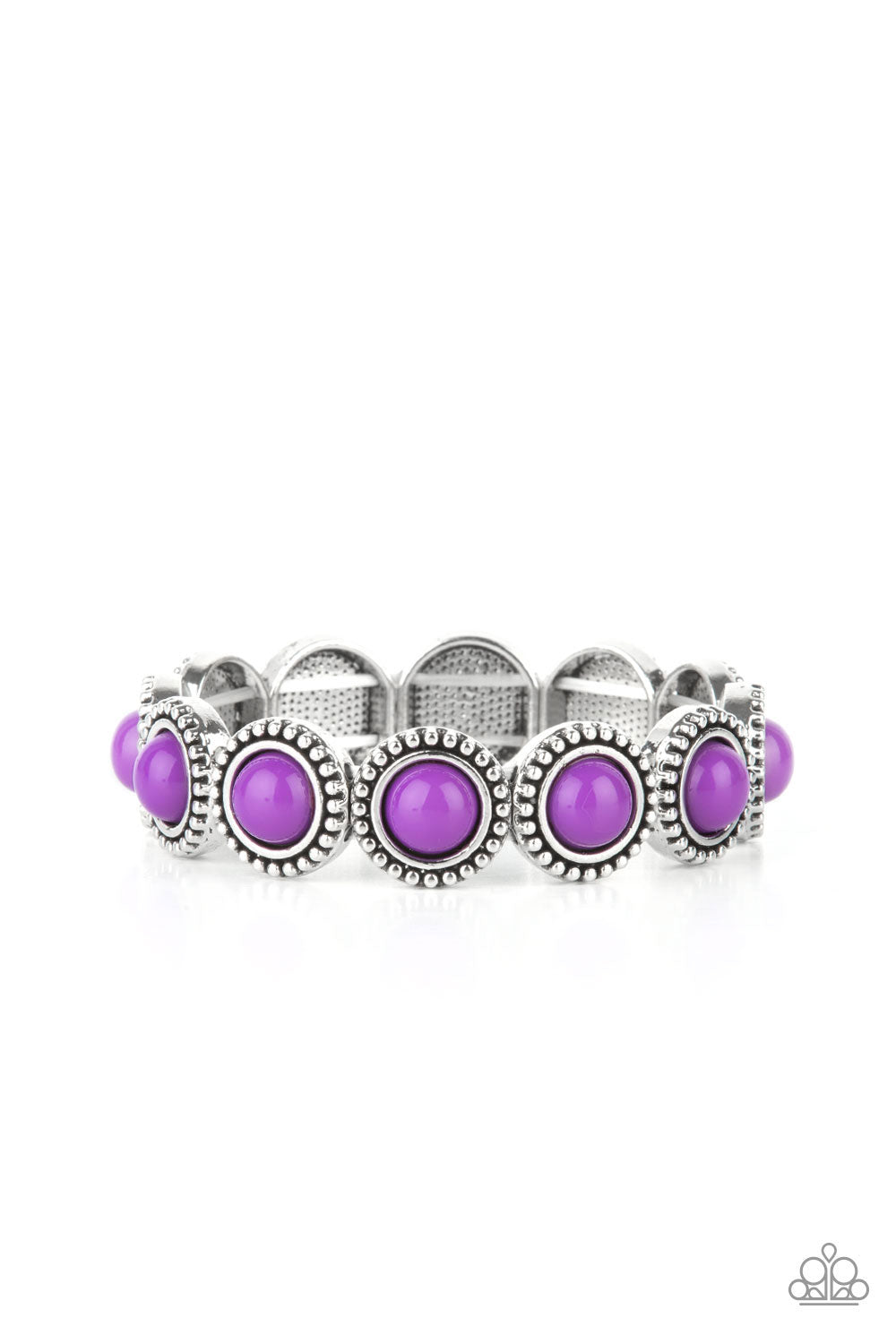 antiqued silver studded edge, silver frames encase polished purple beads