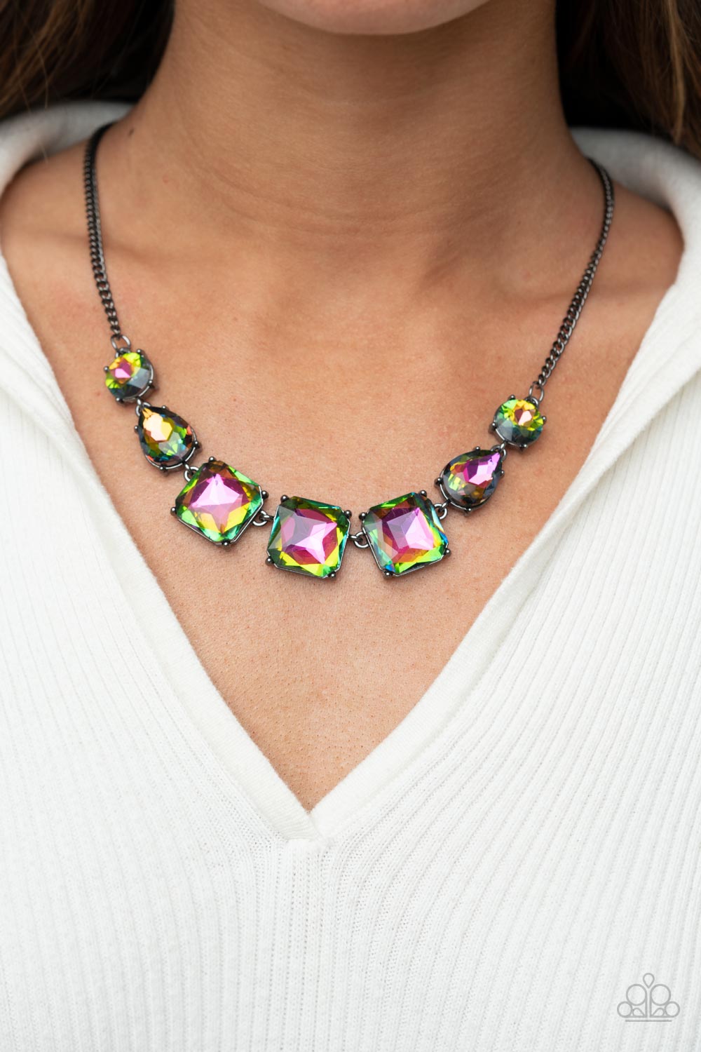 oil spill square gut gems encased in classic gunmetal fittings