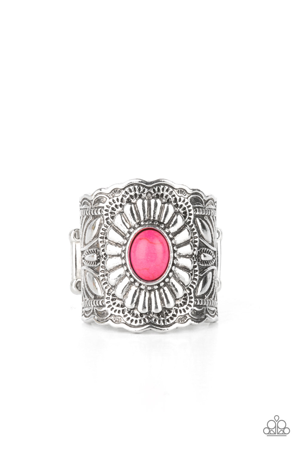 bright pink, ornate silver band