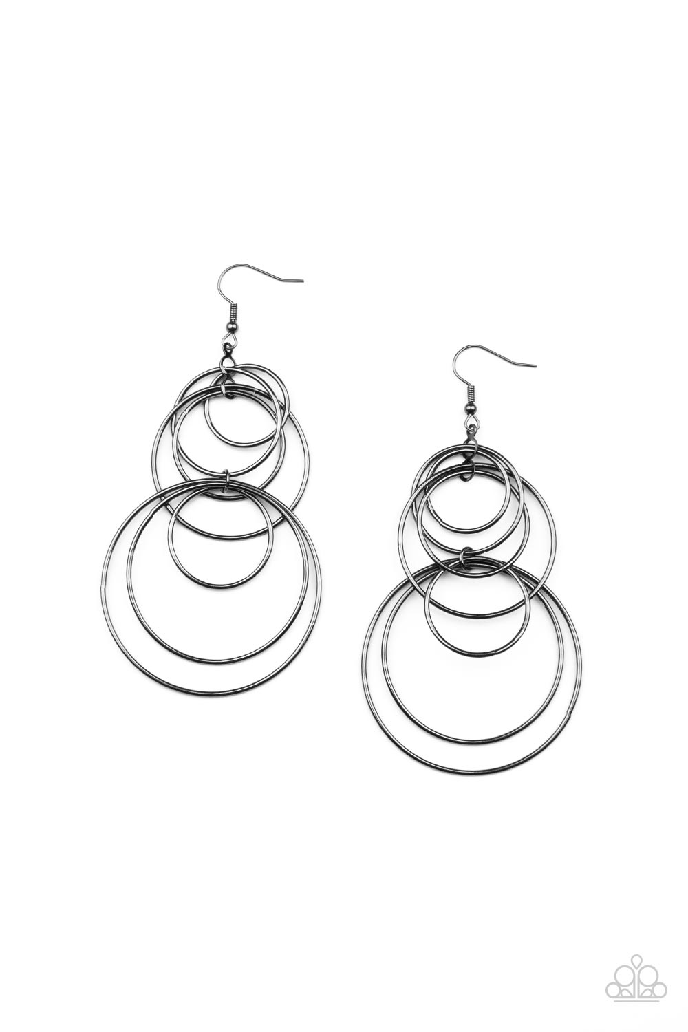 Varying in size, a shiny collection of mismatched gunmetal hoops haphazardly connect into a dizzying lure.