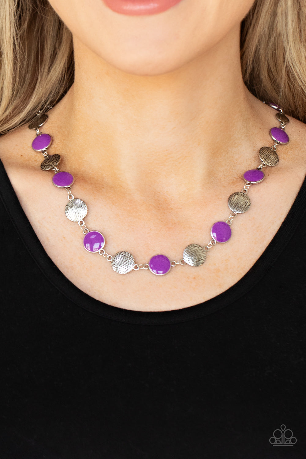 Shiny Amethyst Orchid discs bordered in silver frames alternate with antiqued silver discs