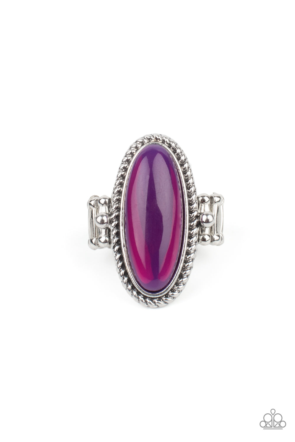 glassy iridescence, an oval purple acrylic bead is pressed into the center of textured silver fittings, creating a mystical centerpiece atop the finger