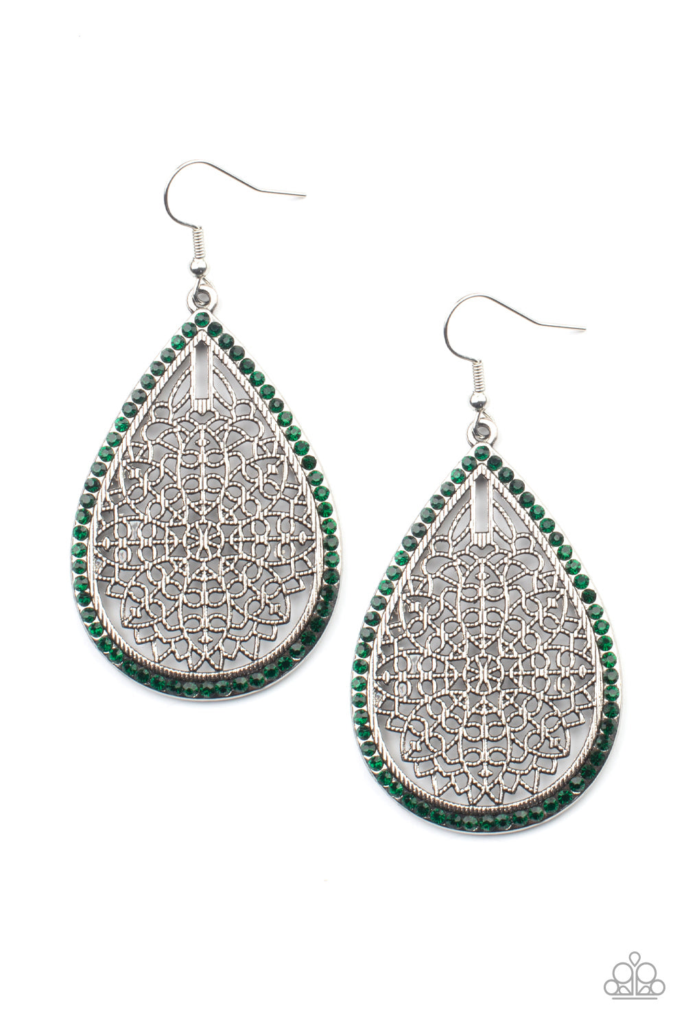 dainty green rhinestones, the center of an oversized silver teardrop 