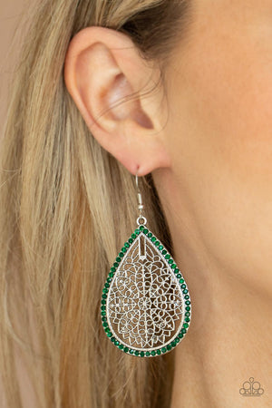 dainty green rhinestones, the center of an oversized silver teardrop 