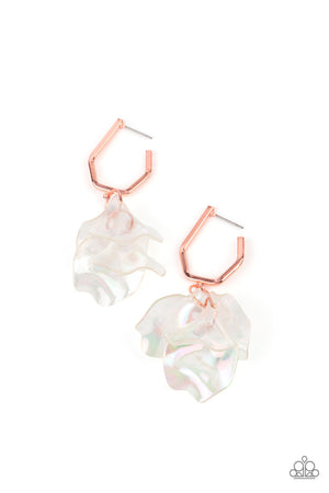A cluster of iridescent acrylic petals swing from the bottom of a dainty shiny copper geometric hoop, creating an ethereal edge.